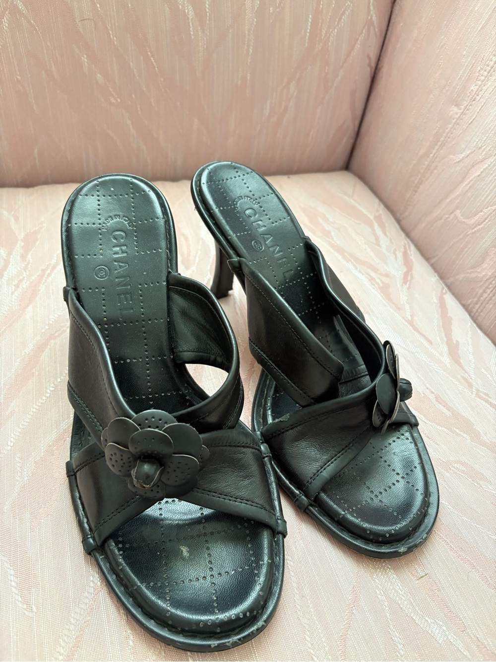 CHANEL Black Leather Slide Mules with Camellia Detail
